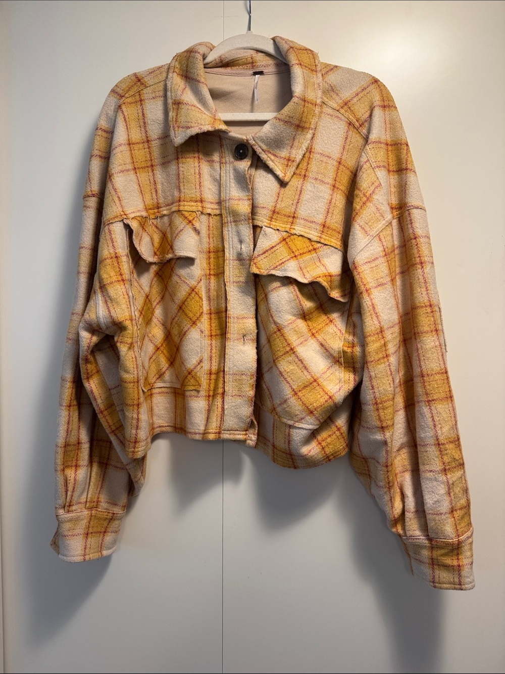 Womens Plaid cropped Shacket Jacket - Yellow Ivory